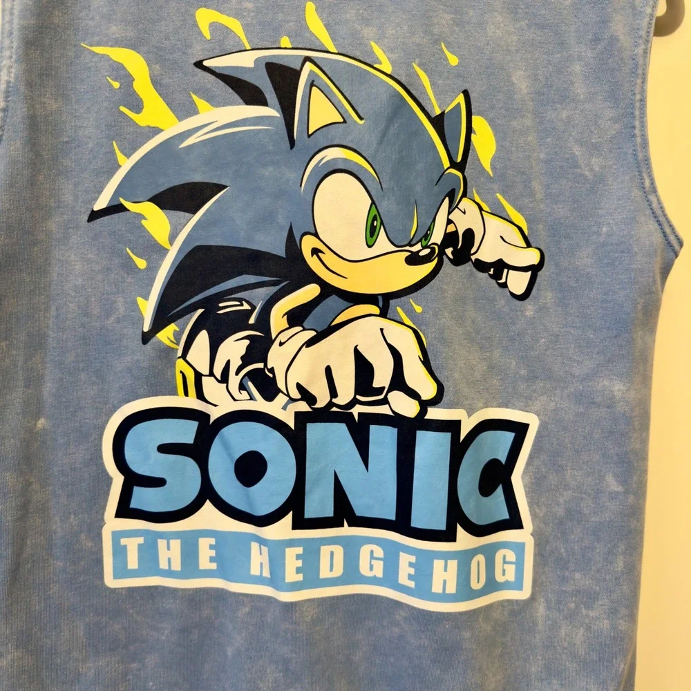 Sonic the Hedgehog Boys Blue Acid Wash Sleeveless Hoodie and Shorts Set Size XL